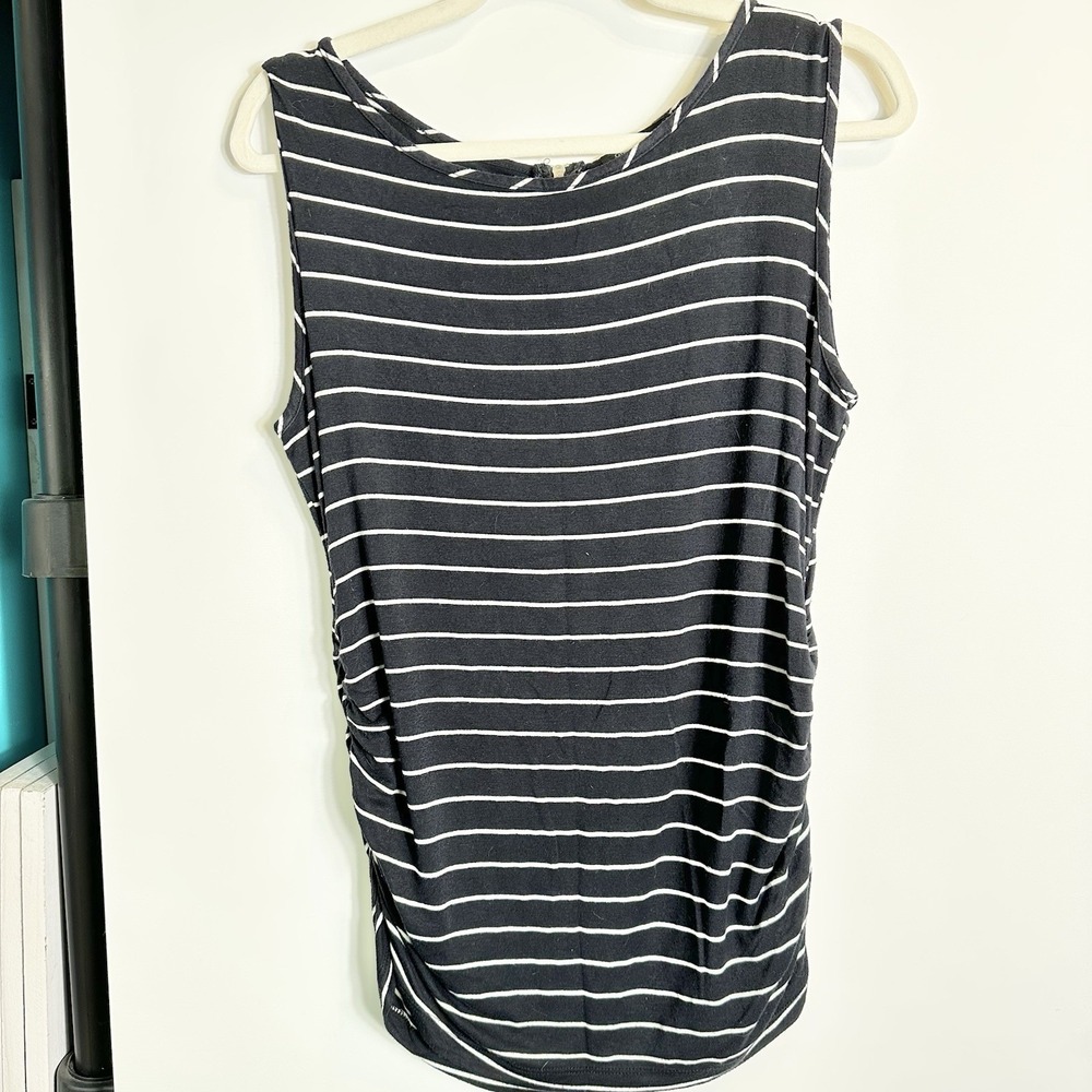Green Envelope Womens Size L Navy White Striped Ruched Tank Top Zip Back